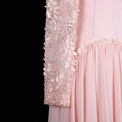 Baby Pink Long-Sleeve Evening Gown with Embellished Lace & V-Waist