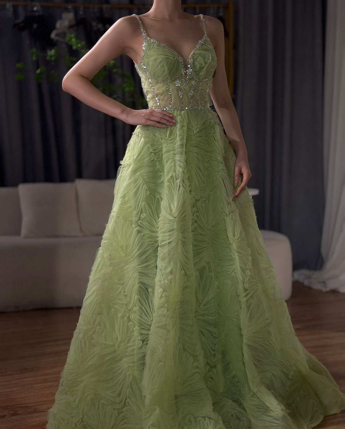 Sage Green Elegant Spaghetti Strap Backless A-Line Prom Dress