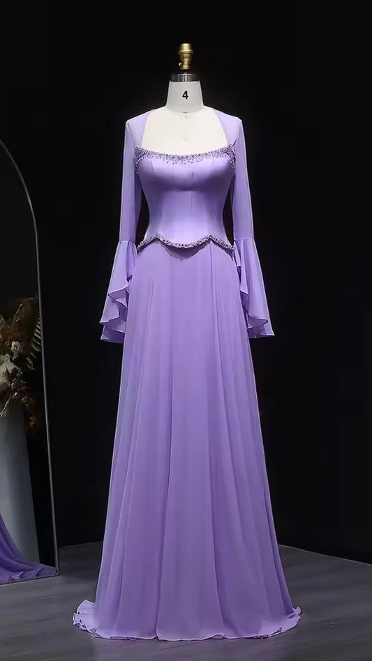 Lavender dress with flowy sleeves and soft crystal embroidery