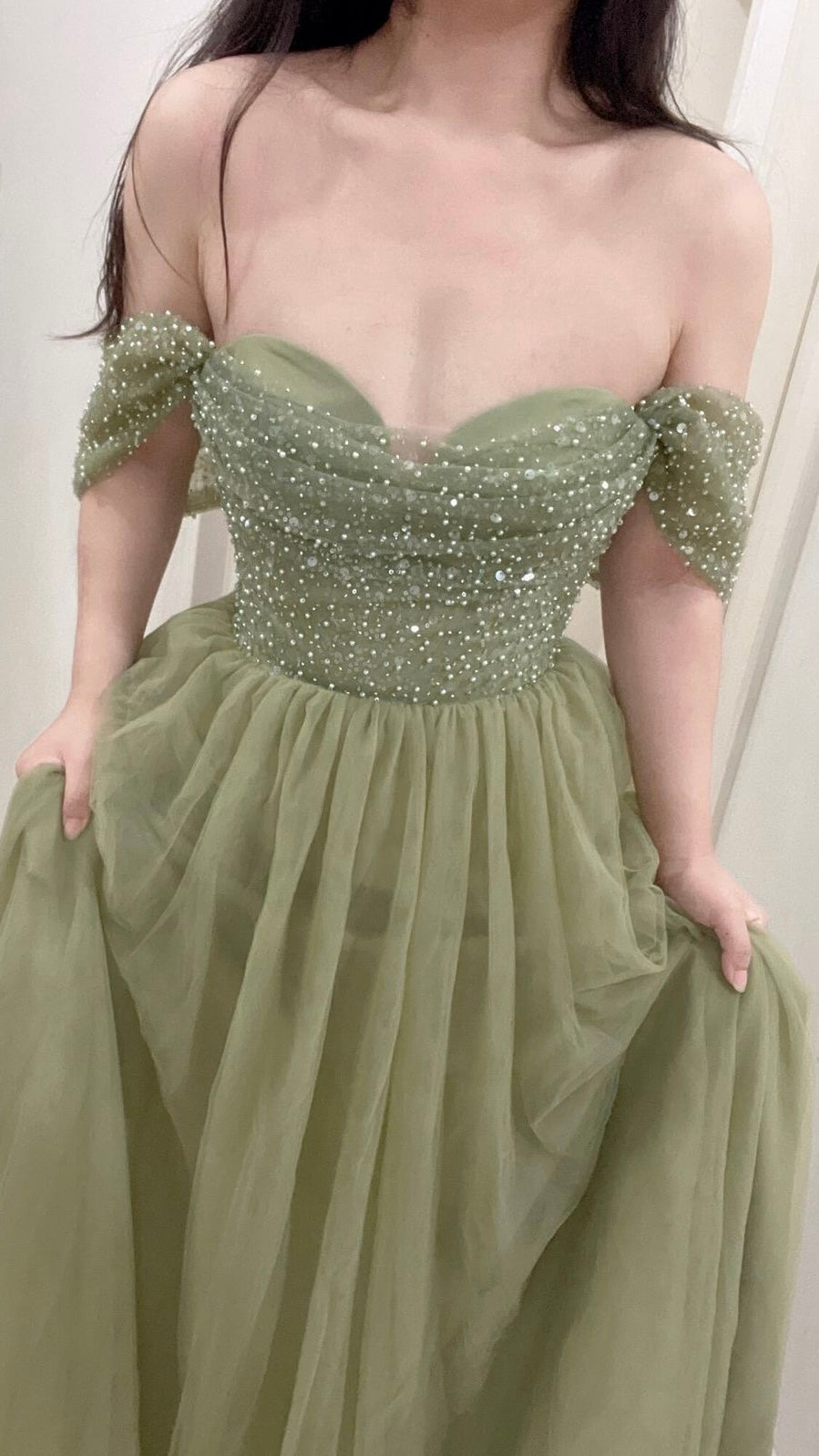 Elegant Off Shoulder Sage Evening Dress