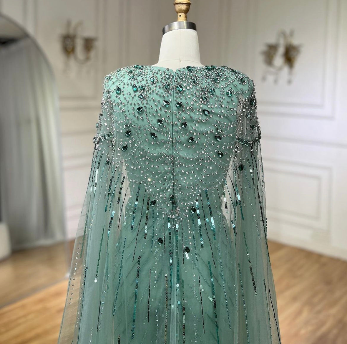 Turquoise Evening Dress Gowns 2024 with Beaded Cape Sleeves Design