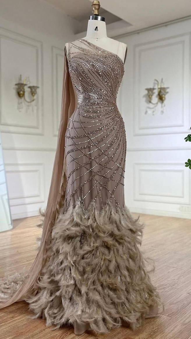 Luxury Feather One Shoulder Evening Dress