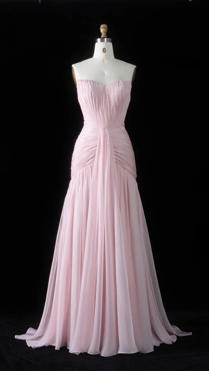 Baby Pink Strapless Chiffon Gown with Ruched Bodice & Flowy Skirt