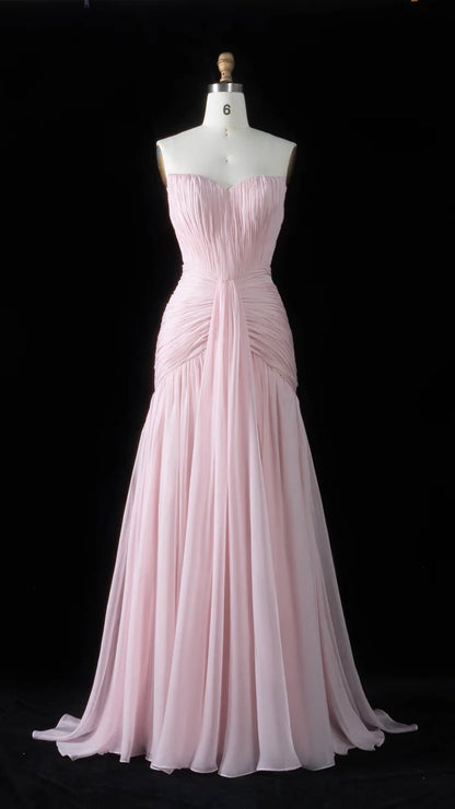 Baby Pink Strapless Chiffon Gown with Ruched Bodice & Flowy Skirt