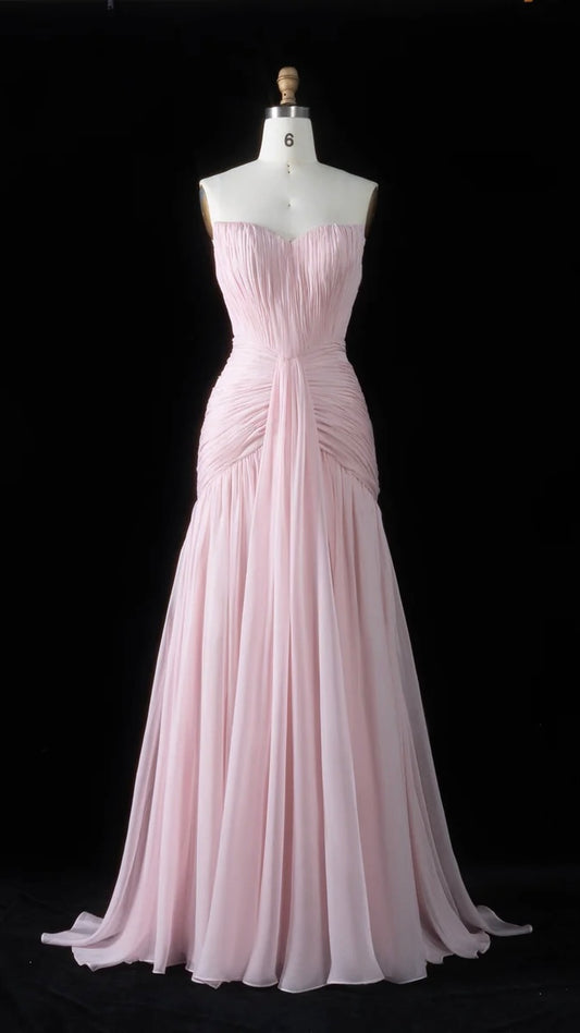 Baby Pink Strapless Chiffon Gown with Ruched Bodice & Flowy Skirt