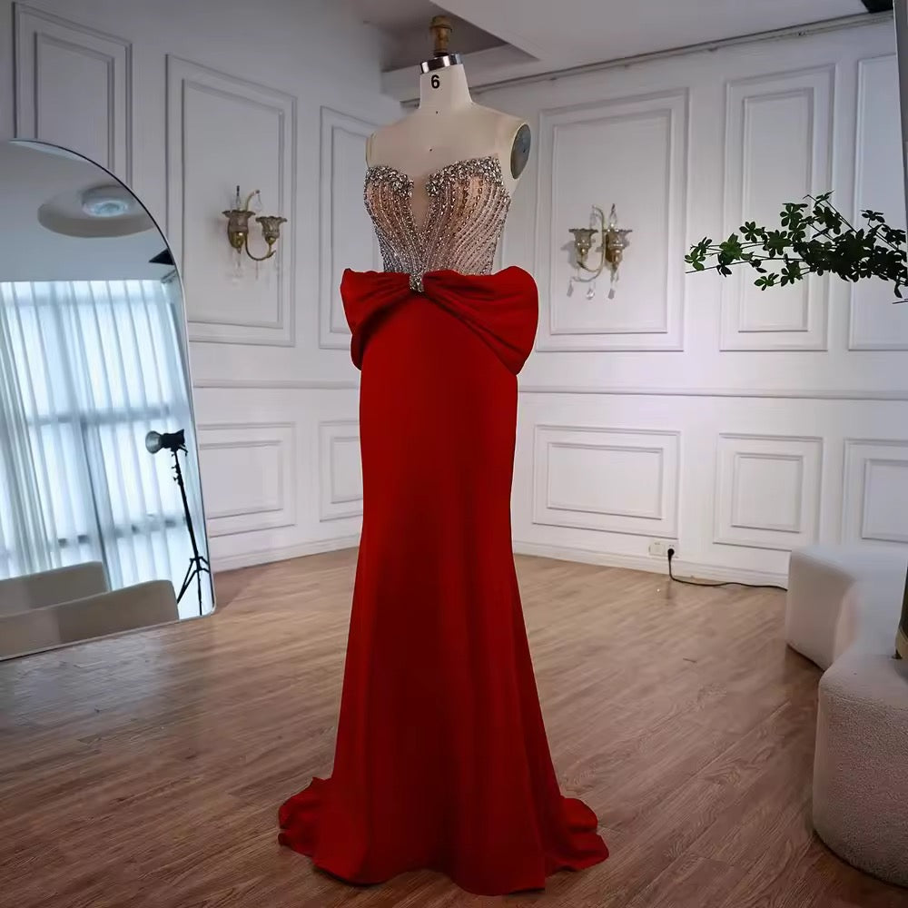 Red Evening Gown with Statement Bow & Luxurious Beading