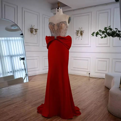 Red Evening Gown with Statement Bow & Luxurious Beading