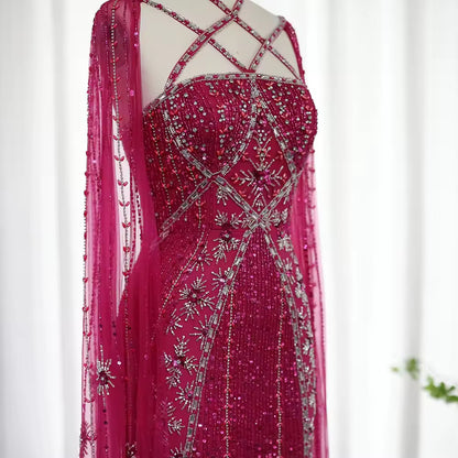 Elegant Beaded Gown with Open Sleeves and Crystal Detailing