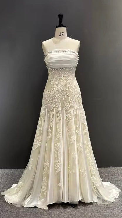 Pearl-Trimmed Strapless Gown with Lace Appliqué & Satin Panels