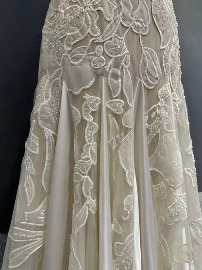 Pearl-Trimmed Strapless Gown with Lace Appliqué & Satin Panels
