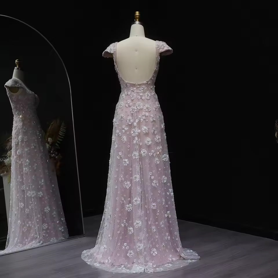 “Rose Dew” Gown – Soft Pink with 3D Floral Embroidery