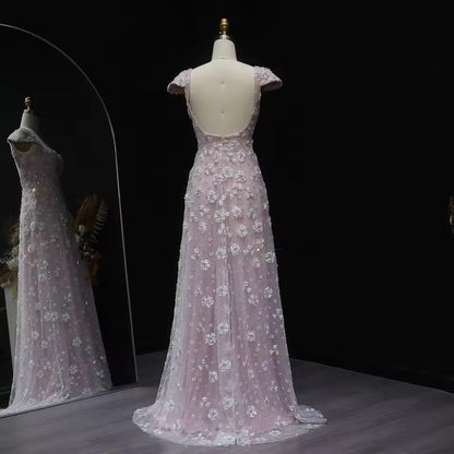 “Rose Dew” Gown – Soft Pink with 3D Floral Embroidery
