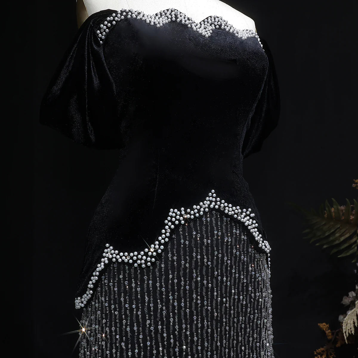 Black Velvet Pearl-Embellished Evening Gown