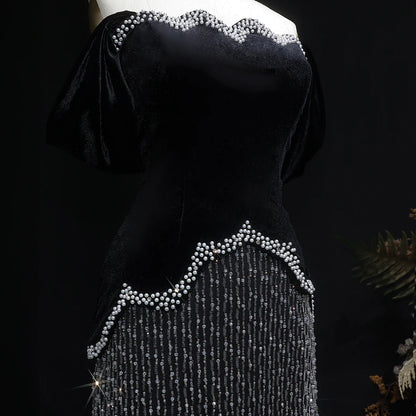 Black Velvet Pearl-Embellished Evening Gown