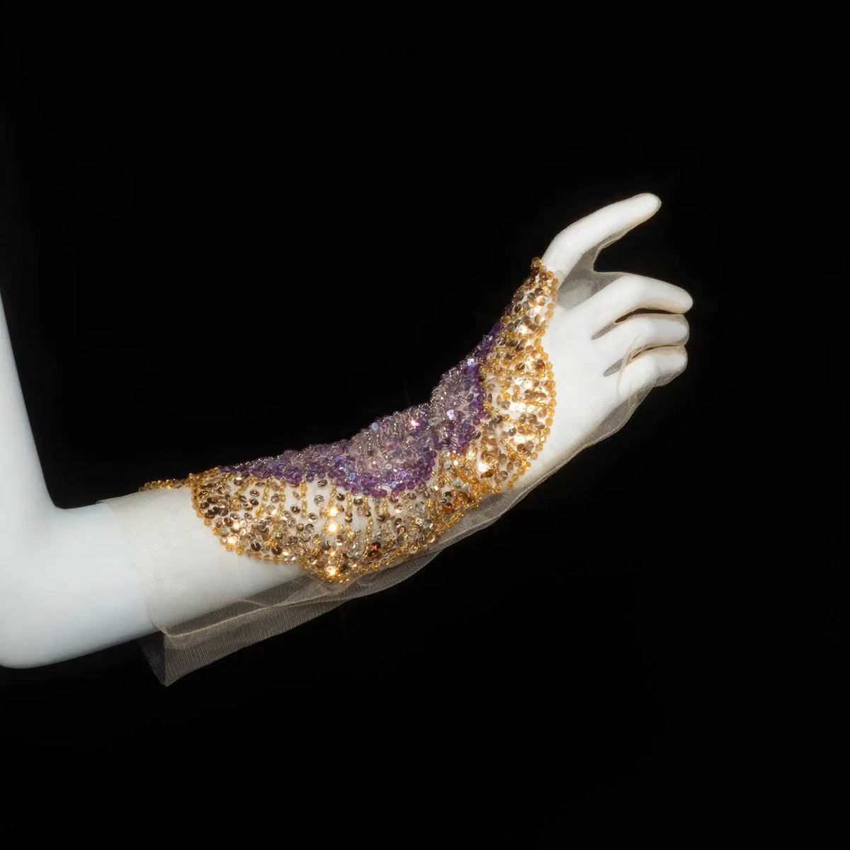 Luxury Strapless Satin Gown with Ornate Waves and Opera Gloves
