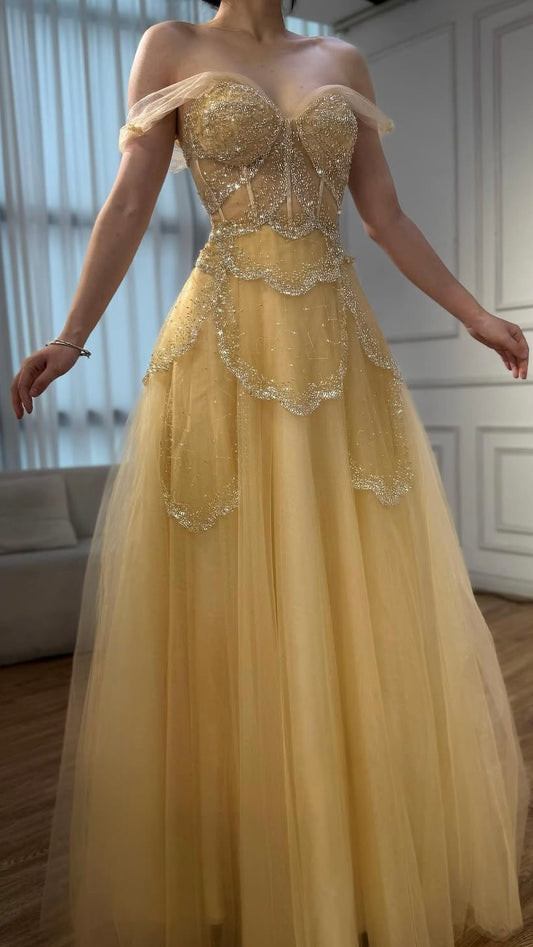 A-Line Elegant Spaghetti Strap Luxury Beaded Evening Dress
