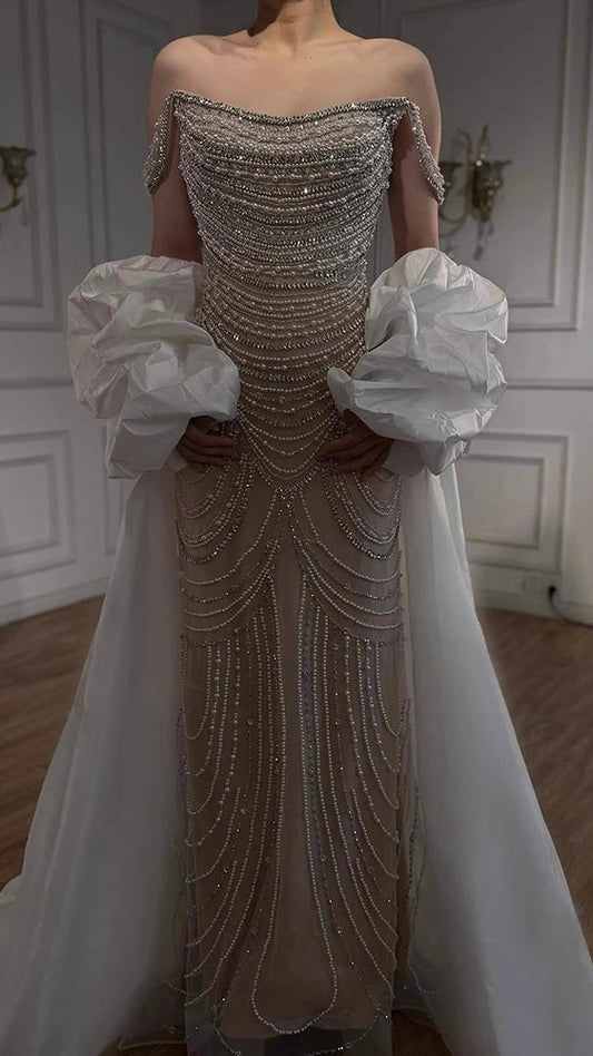 “Pearl Symphony” Luxury Crystal Gown with Flowing White Drape