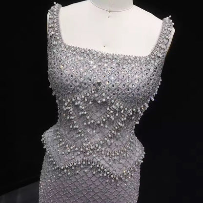 Luxury Beaded Crystal Long Straight Evening Dress