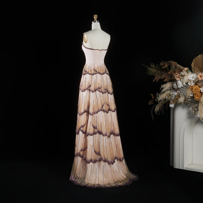 Tiered Crystal-Embellished Gown with Scalloped Petal Layers