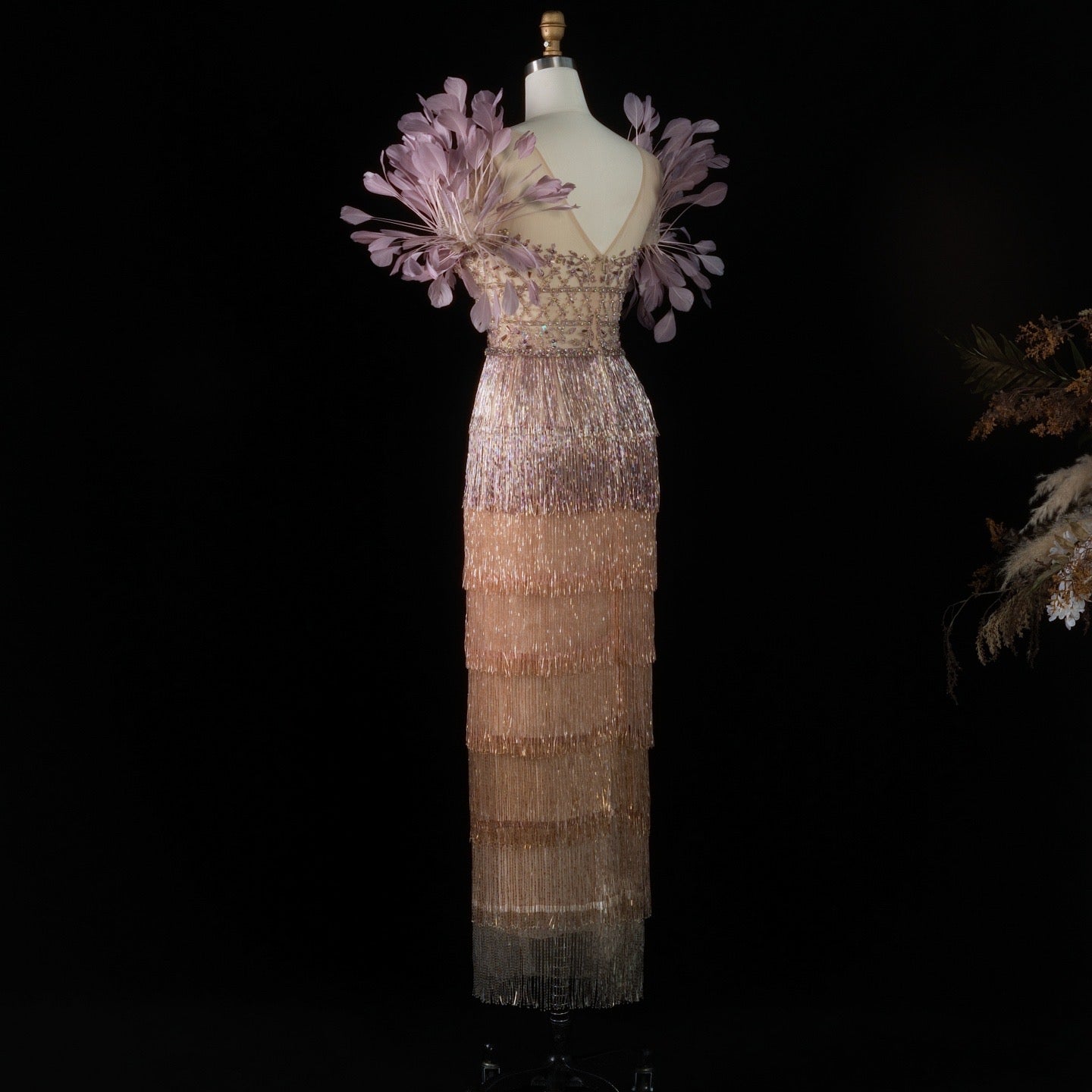 Luxurious Ombre Beaded Fringe Midi Cocktail Dress with Feather Sleeves