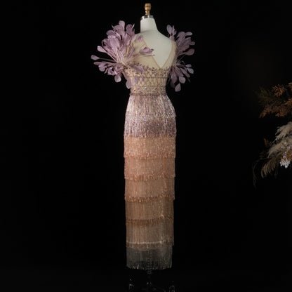 Luxurious Ombre Beaded Fringe Midi Cocktail Dress with Feather Sleeves