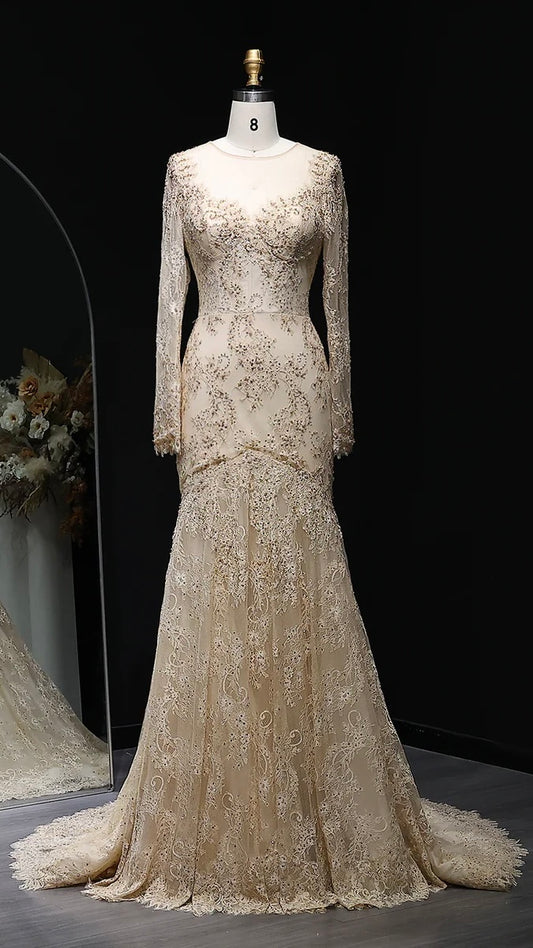 “Lace Elegance” Gown – Beaded Gold Embroidery in Mermaid Silhouette