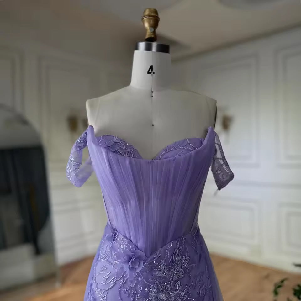 “Amethyst Bloom” Off-Shoulder Embellished Evening Gown with Side Slit