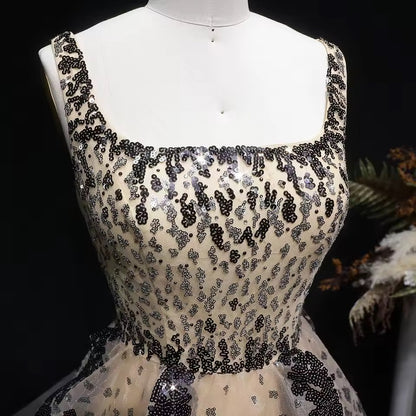 Luxury Champagne & Black Sequin Gown with Scalloped Tiers