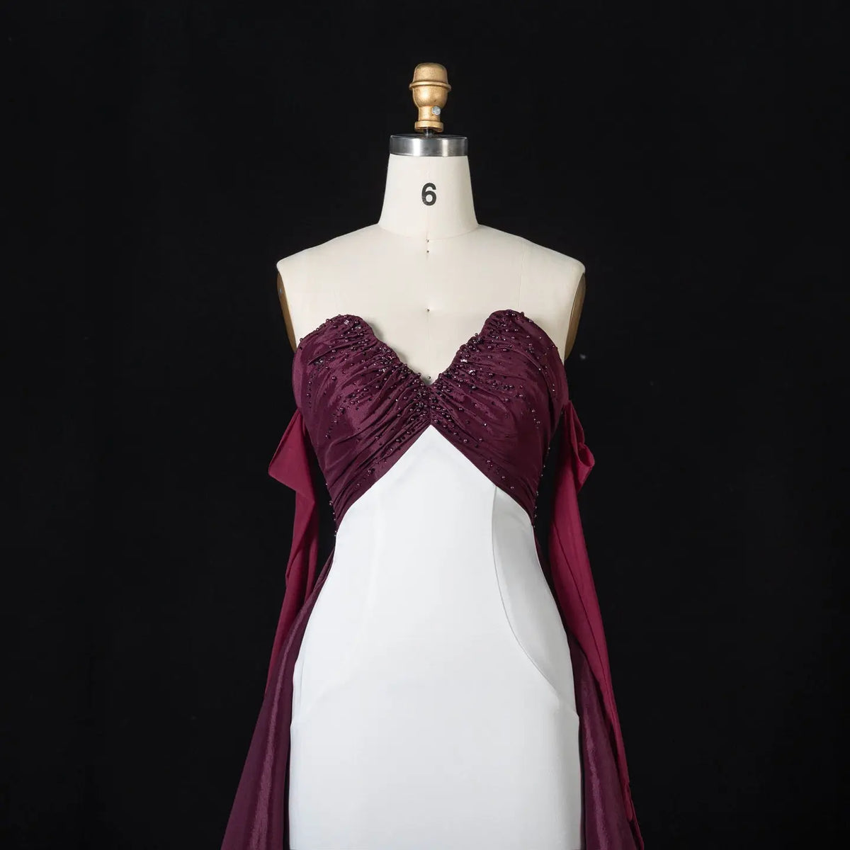 Elegant Contrast Evening Dress with Ruched Beaded Bodice and Statement Train