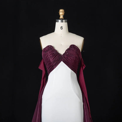 Elegant Contrast Evening Dress with Ruched Beaded Bodice and Statement Train