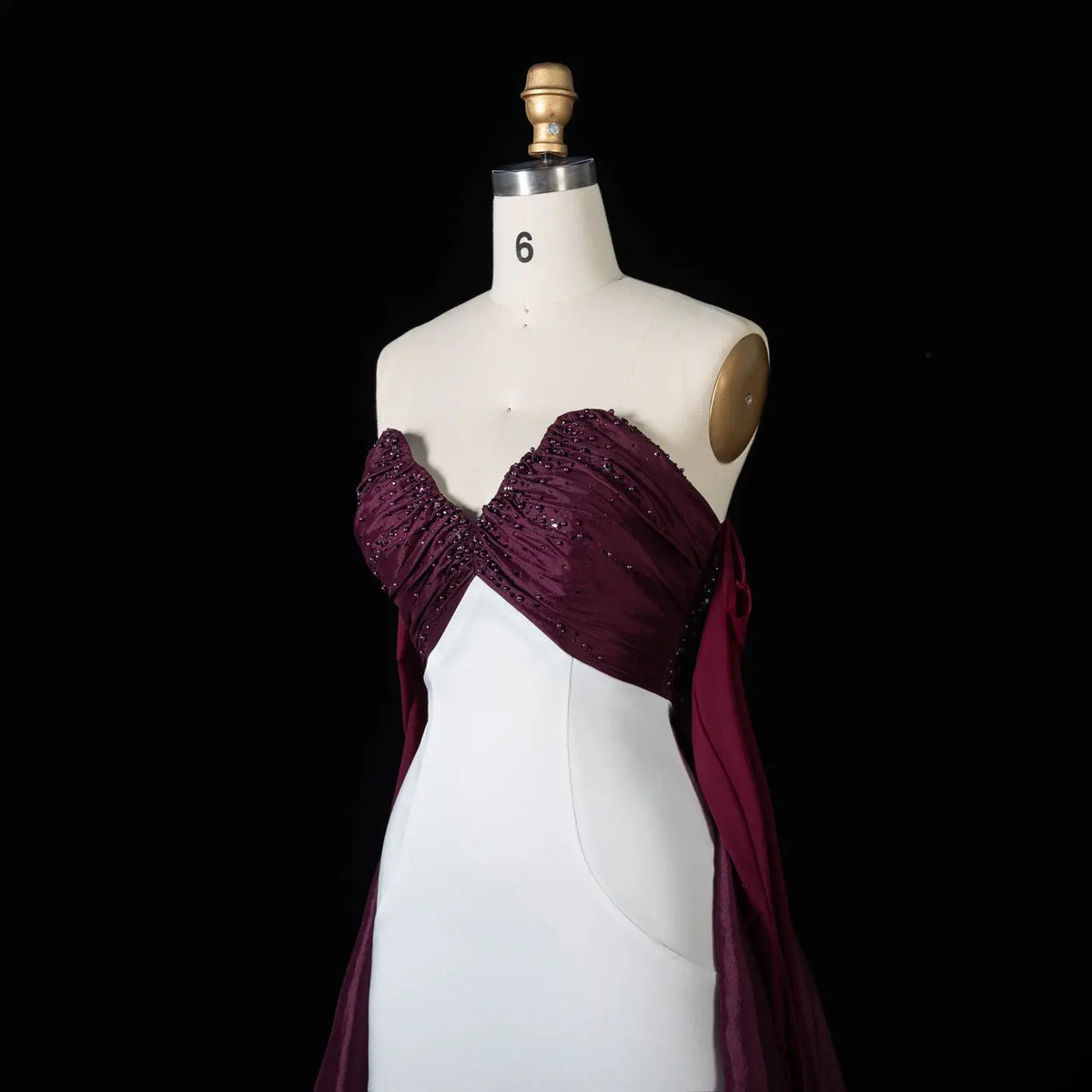 Elegant Contrast Evening Dress with Ruched Beaded Bodice and Statement Train