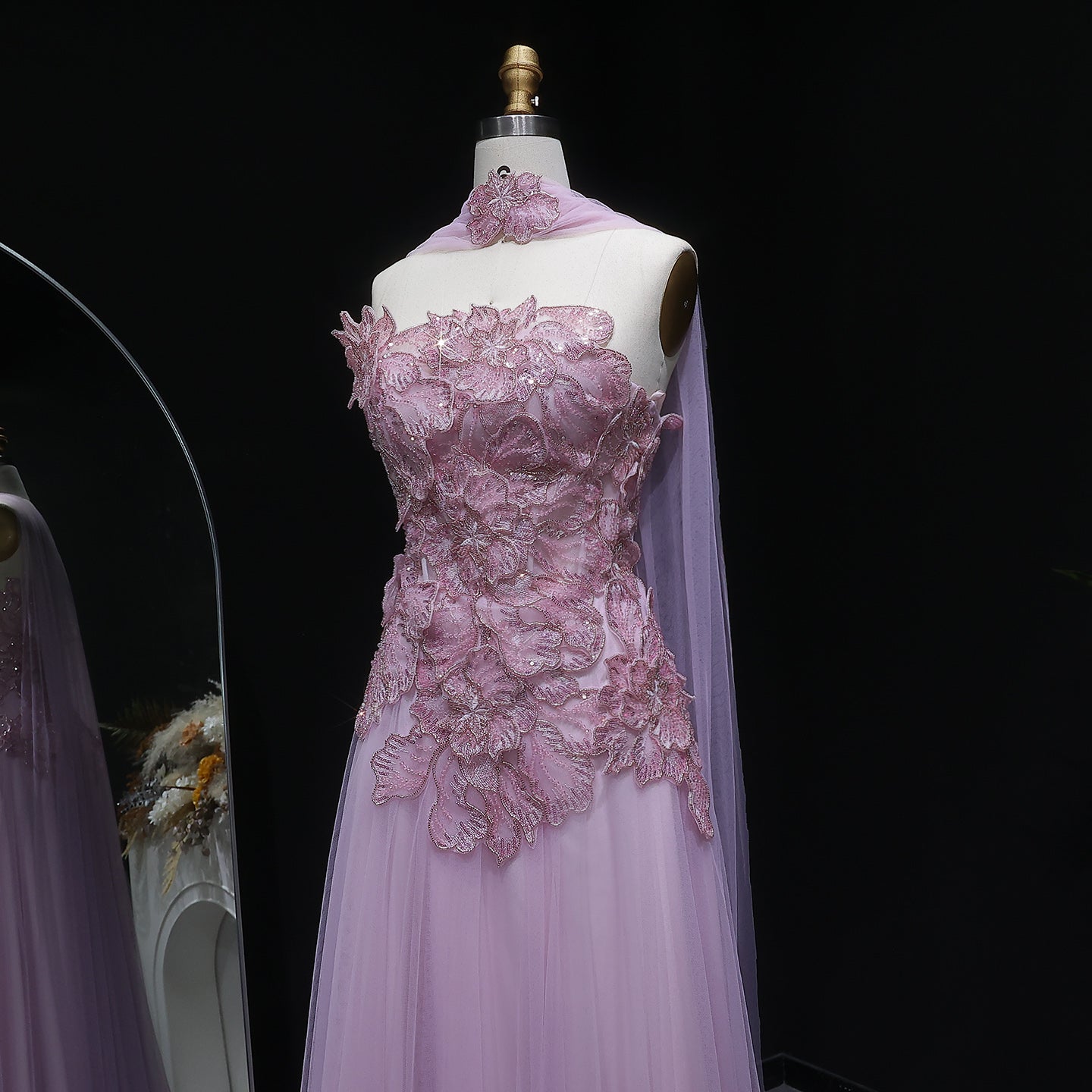 Lavender Tulle Gown with 3D Floral Appliques and Matching Neck Wrap