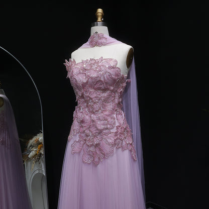Lavender Tulle Gown with 3D Floral Appliques and Matching Neck Wrap