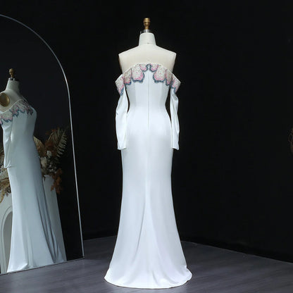 “Petal Edge” Sleek Gown with Off-Shoulder Sleeves and Crystal Floral Embroidery
