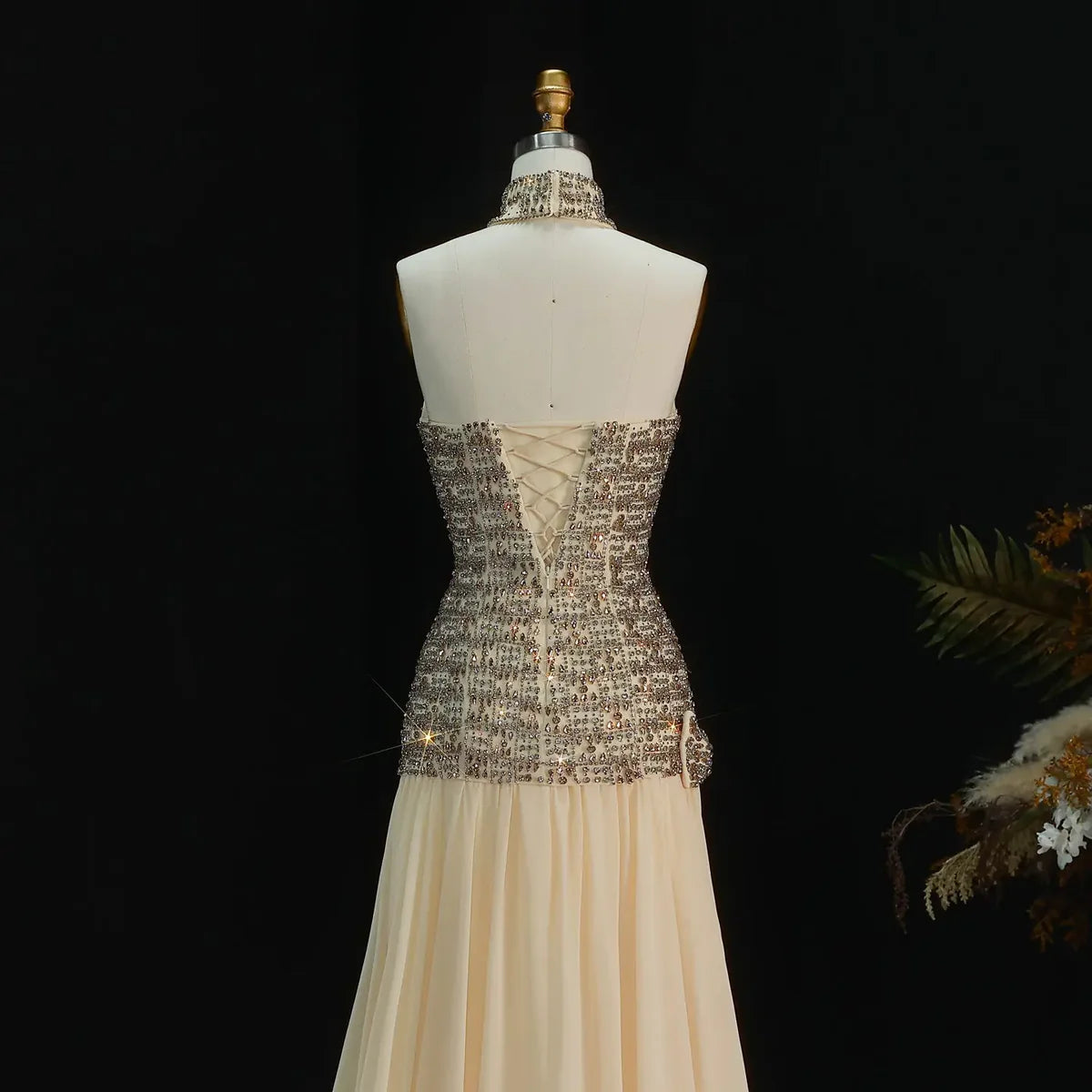 Elegant Fully-Beaded Bodice Dress with Matching Choker and Waist Bow