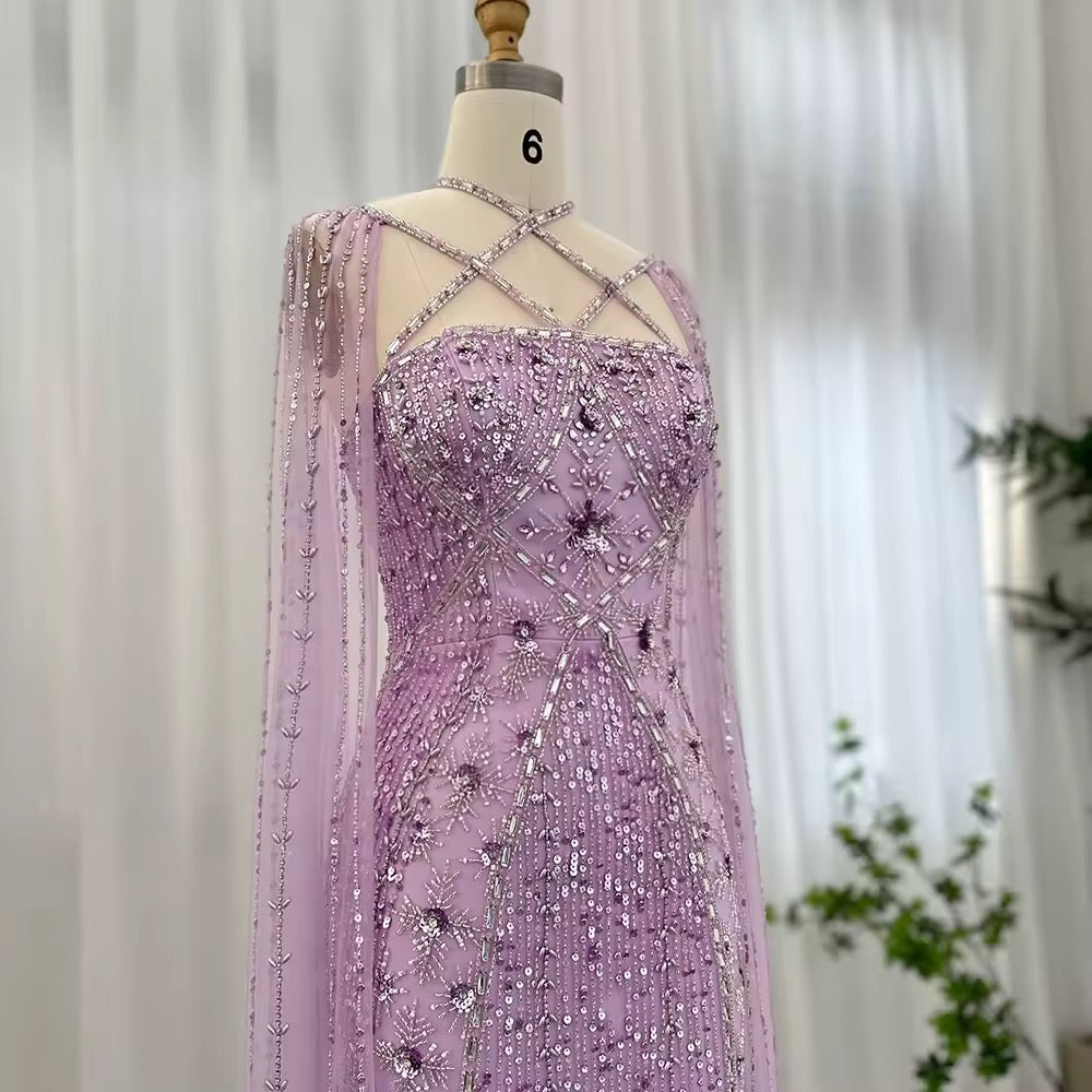 Elegant Beaded Gown with Open Sleeves and Crystal Detailing