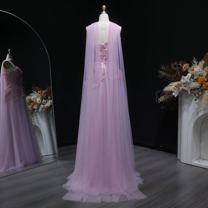 Lavender Tulle Gown with 3D Floral Appliques and Matching Neck Wrap