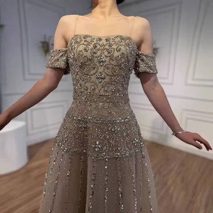 Elegant Linear Beaded Evening Dress with Sculpted Silhouette