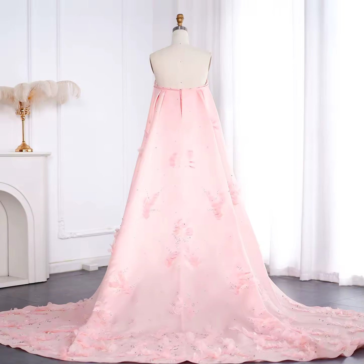 Luxury Crystal 3D flower Sage Green Evening Dress with Cape ns