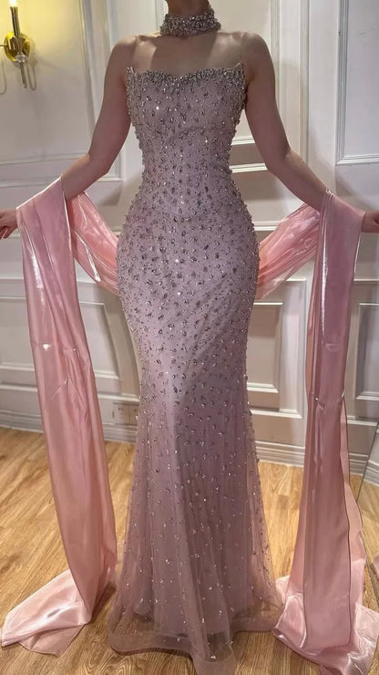 Royal Full-Crystal Mermaid Gown with Flowing Shoulder Cape
