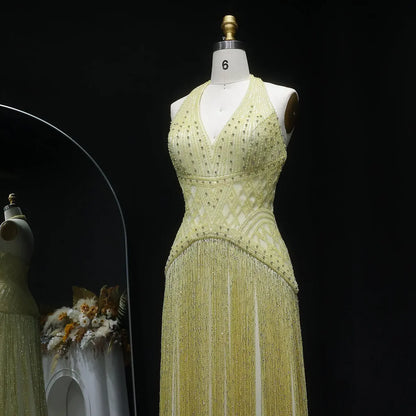 Geometric Beaded Bodice Gown with Cascading Bead Fringes