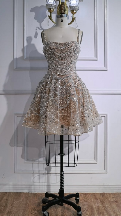 Luxury Nude Crystal A-Line Short Sparkly Cocktail Party Dress