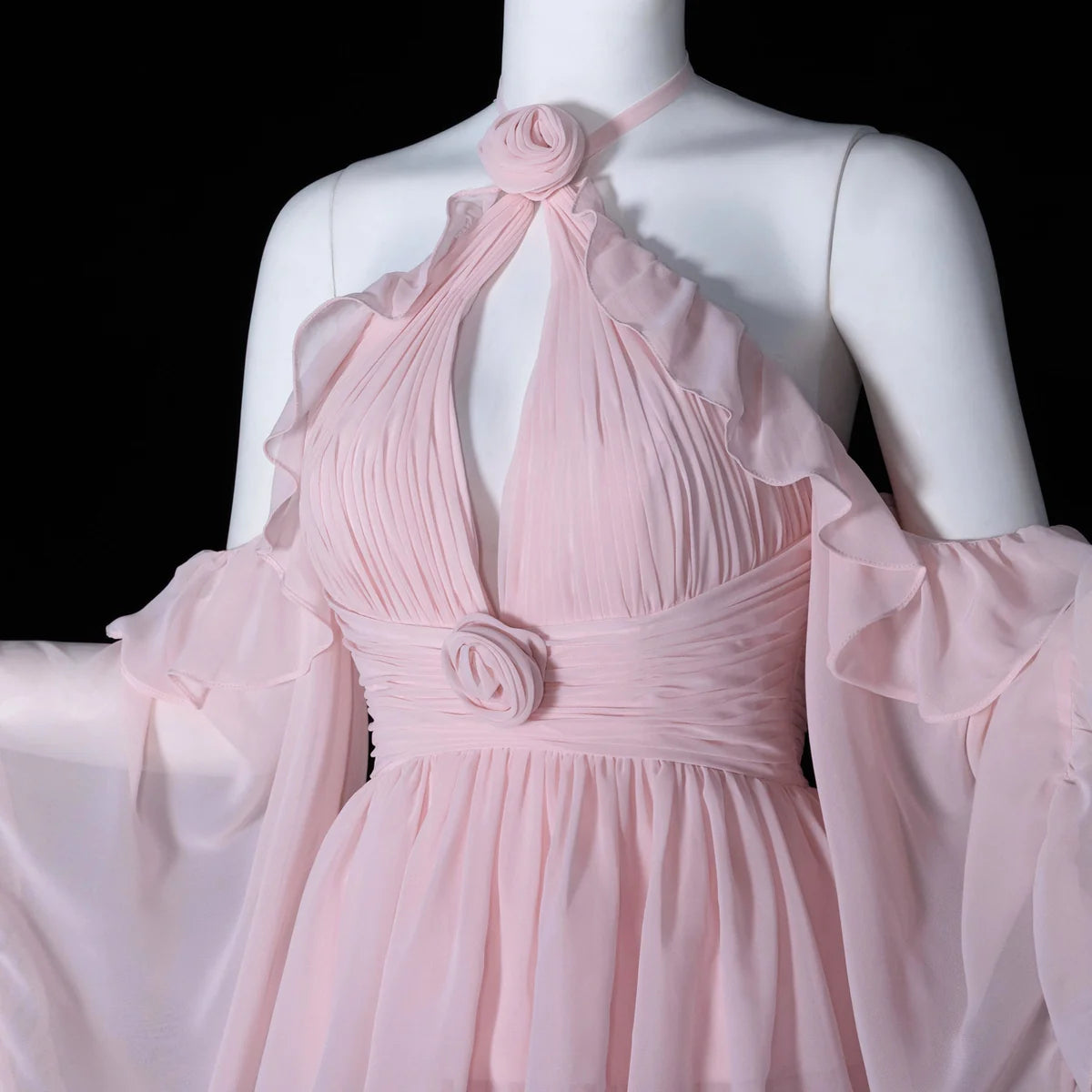 Romantic Pink Chiffon Gown with Rosettes & Angel Sleeves