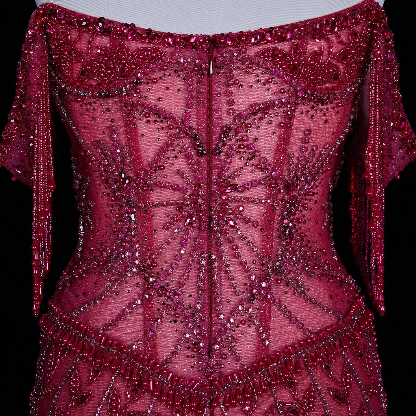 Luxurious Magenta Beaded Strapless Gown with Shoulder Beaded Fringe