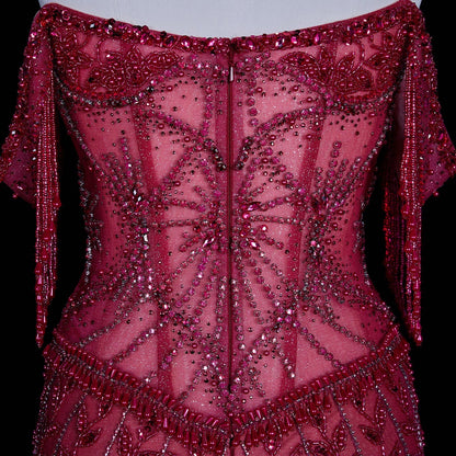 Luxurious Magenta Beaded Strapless Gown with Shoulder Beaded Fringe