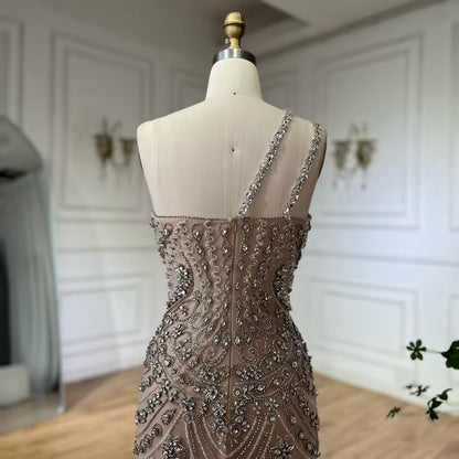 “Crystal Symphony” Gown Nude crystal-embellished evening dress with asymmetric strap