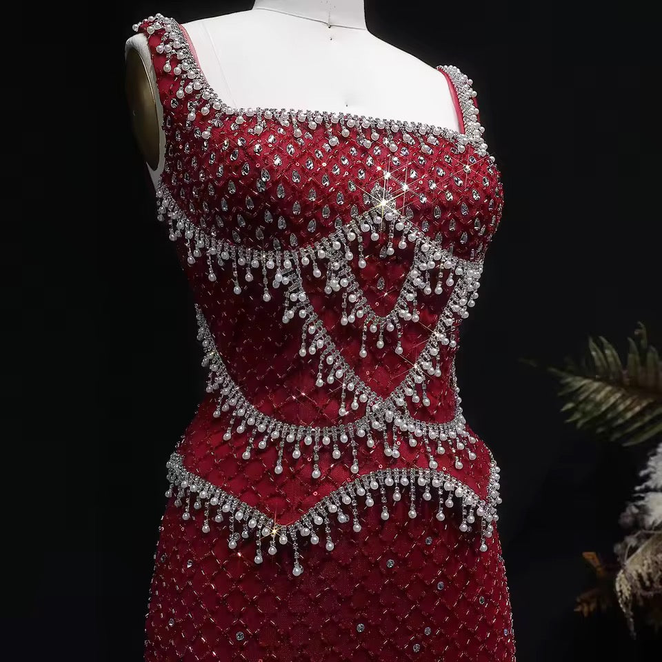 Luxury Beaded Crystal Long Straight Evening Dress