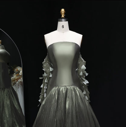 “Olive Glint” Strapless Gown with Sheer Gloves and Crinkled Metallic Skirt