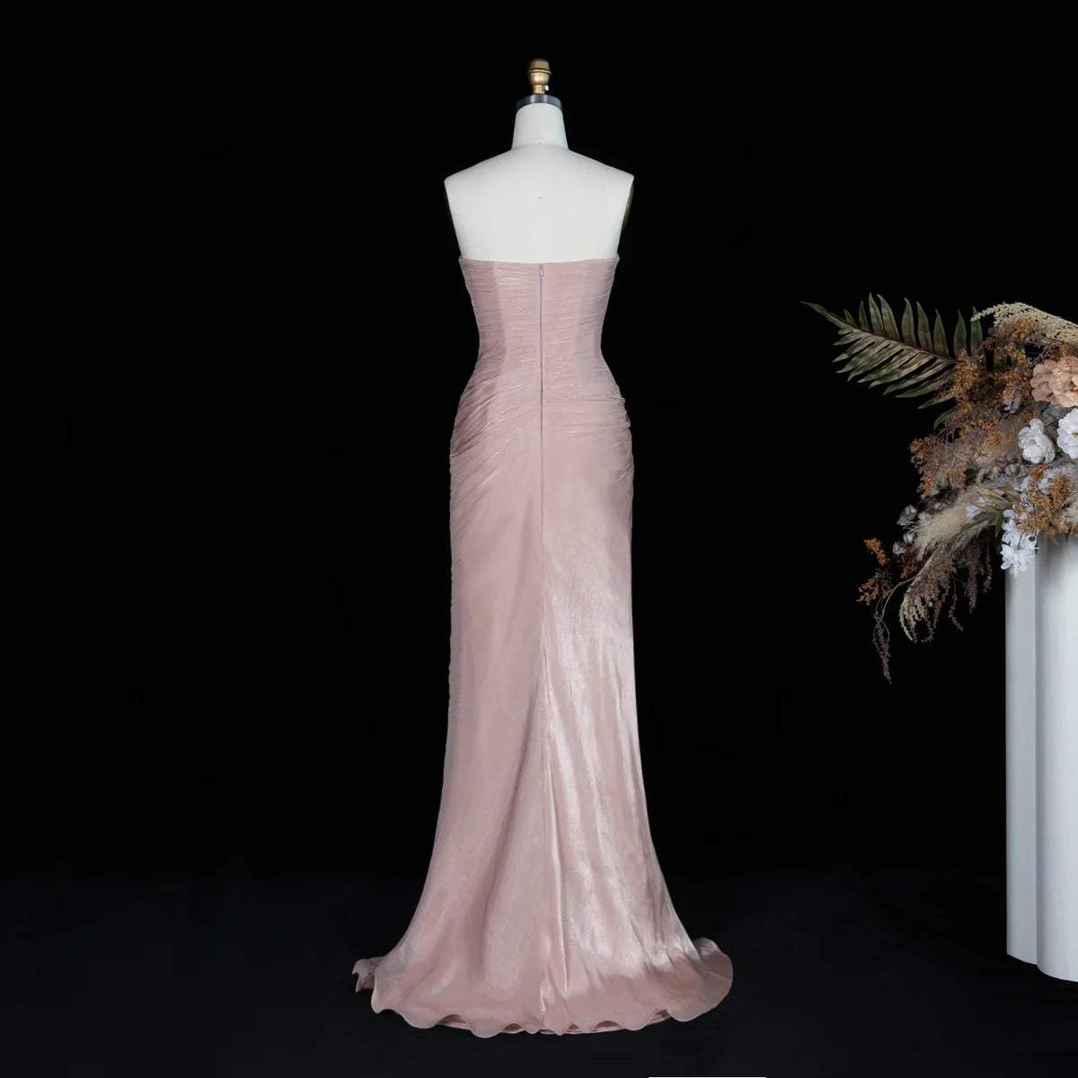 Blush Pink Strapless Shimmer Gown with Side Slit & Ruched Drapery