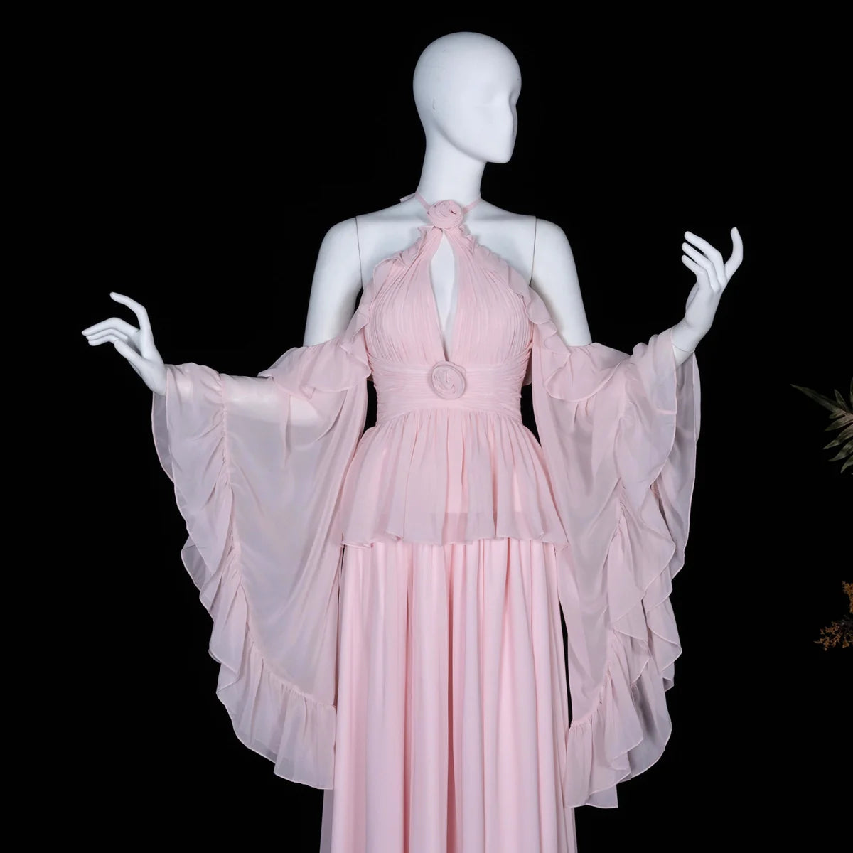 Romantic Pink Chiffon Gown with Rosettes & Angel Sleeves